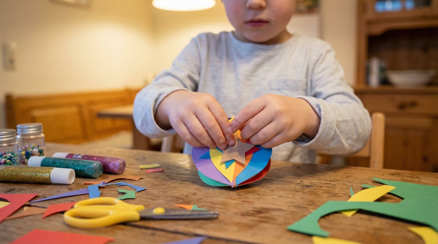 Young child's hands carefully decorating a paper ornament with glitter and craft supplies