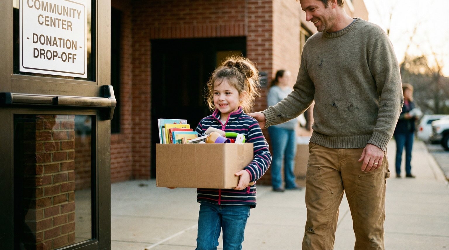 Proud seven year old child carrying donation box into community center with parent nearby in warm natural lighting