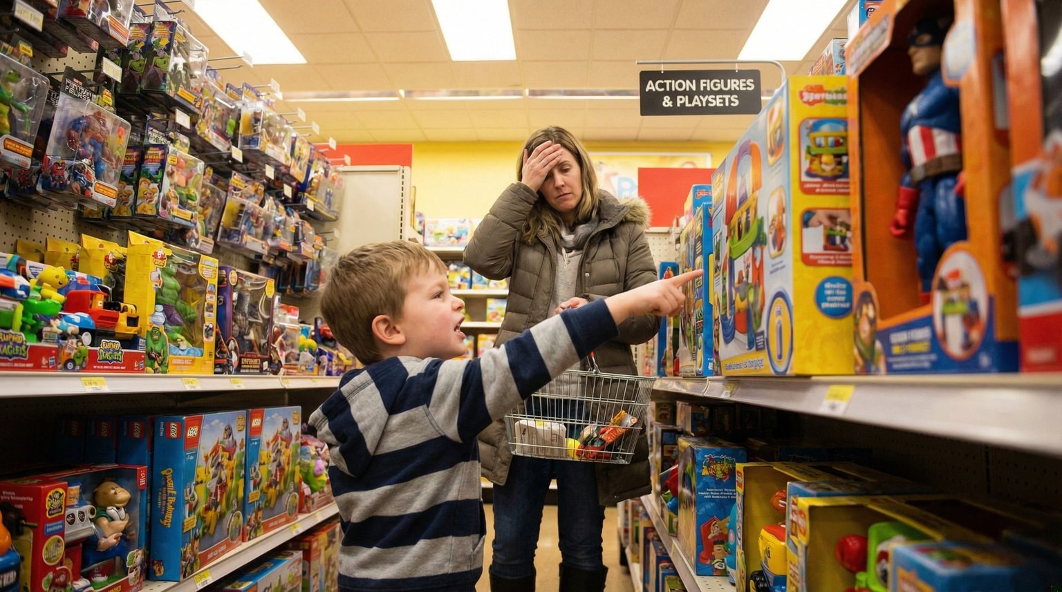 Young child around 5-6 pointing urgently at specific toy on store shelf while overwhelmed parent looks on