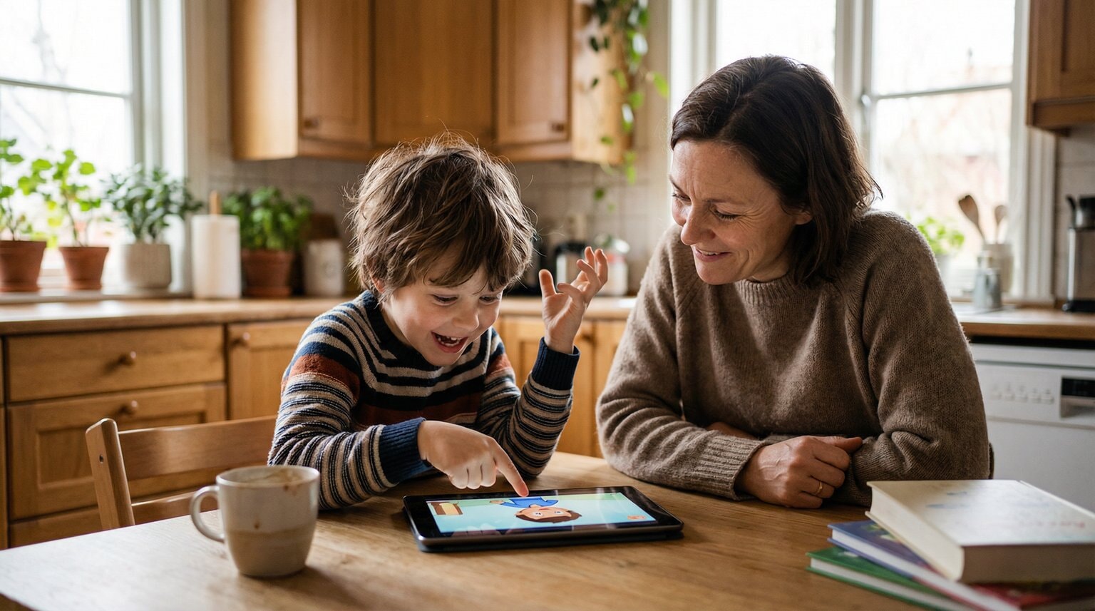 Six-year-old child animatedly describing something on tablet to parent in cozy home setting