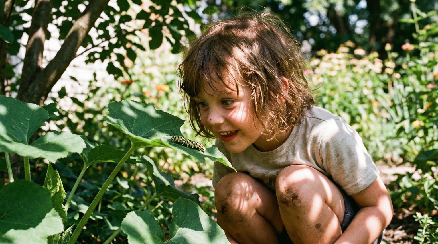 Child crouched in garden discovering caterpillar on leaf with wonder on face