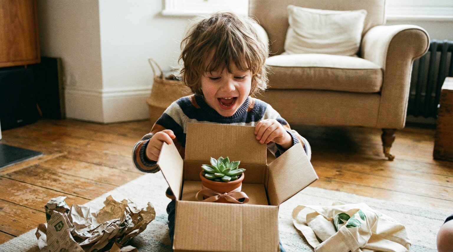 Young child excitedly opening gift box to discover small potted plant inside with delighted expression