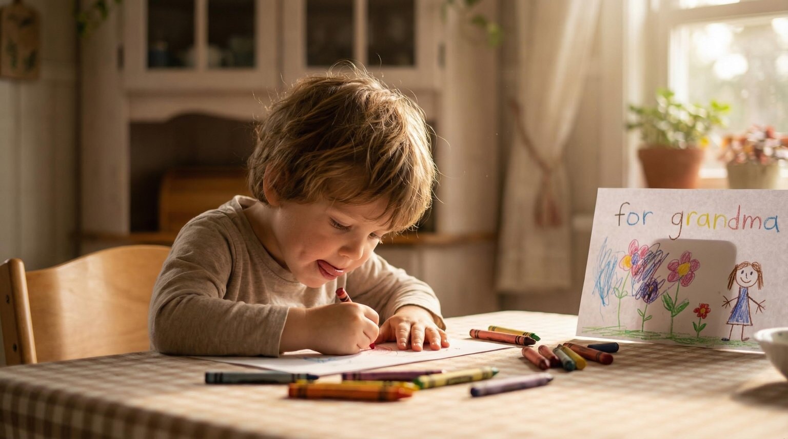 Preschooler intensely focused on drawing colorful picture at kitchen table with crayons scattered around
