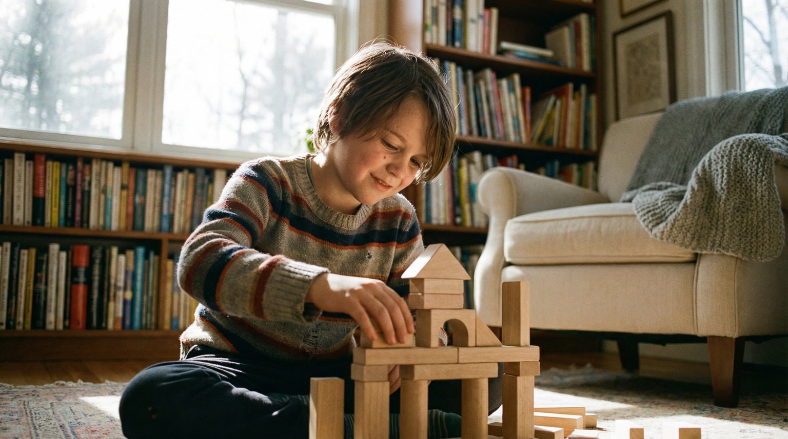Child deeply absorbed in genuine hobby like building or painting in cozy home corner with warm natural light