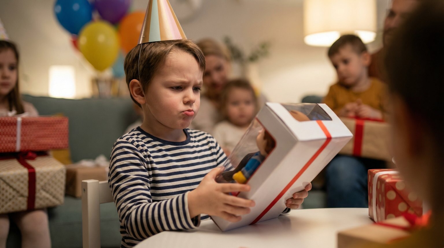 Five-year-old at birthday party carefully examining gift with thoughtful expression