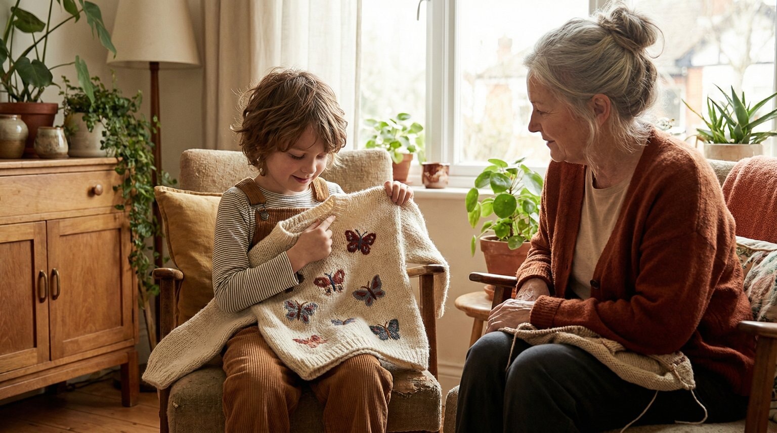 Child around 8 years old thoughtfully examining a handknit butterfly sweater while grandmother watches