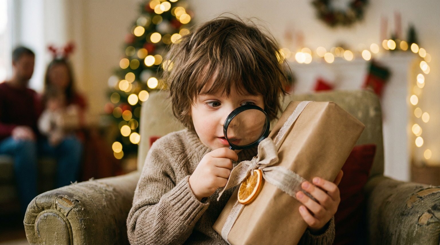 Young child examining wrapped gift with curiosity looking at ribbon details