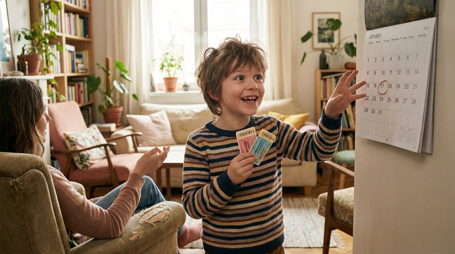 Child around 7-8 years old with excited anticipatory expression looking at calendar while talking to parent