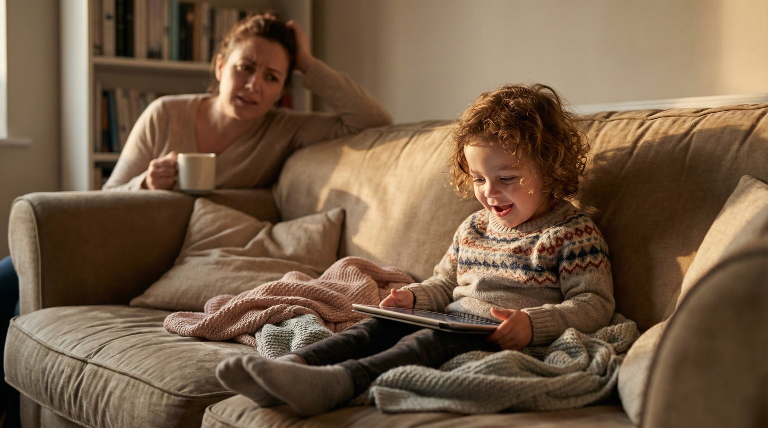 Preschool child watching tablet with expression of pure joy and wonder while parent looks on in background
