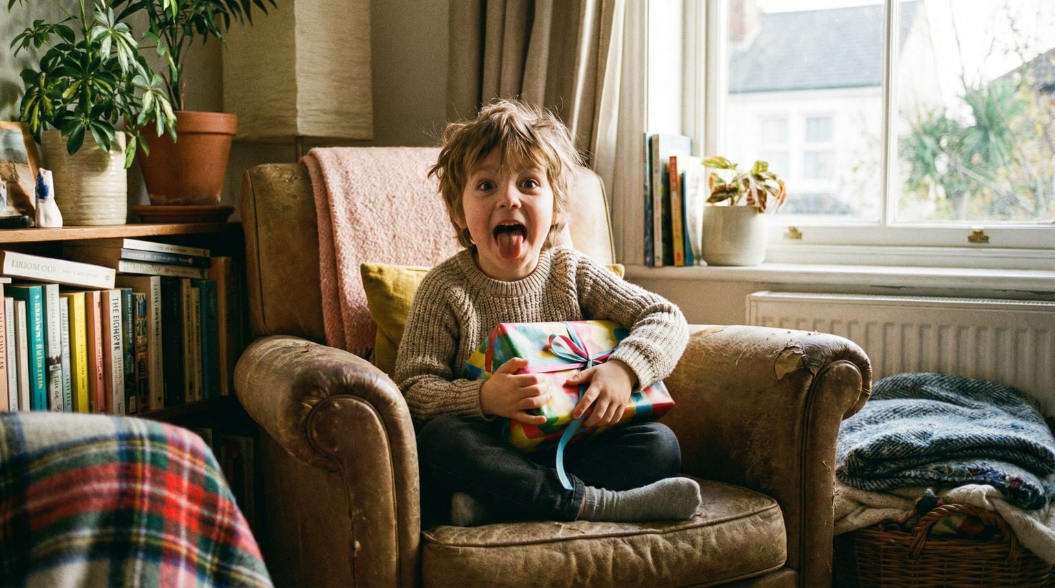 Young child making excited face while holding wrapped gift with wide eyes of anticipation