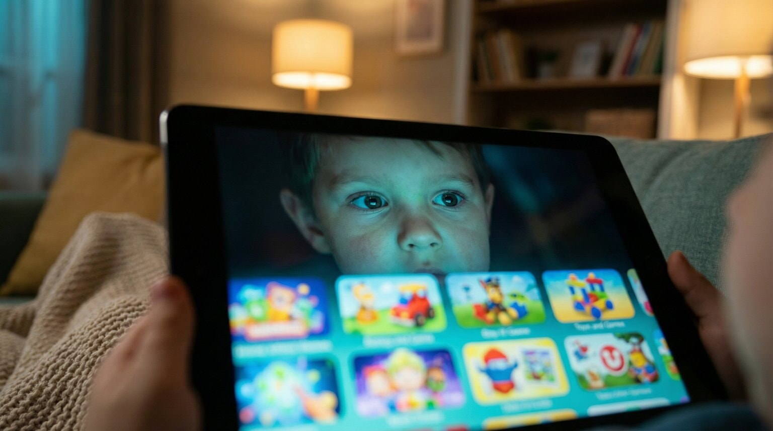 Close-up of child face reflected in tablet screen showing colorful product thumbnails with captivated expression