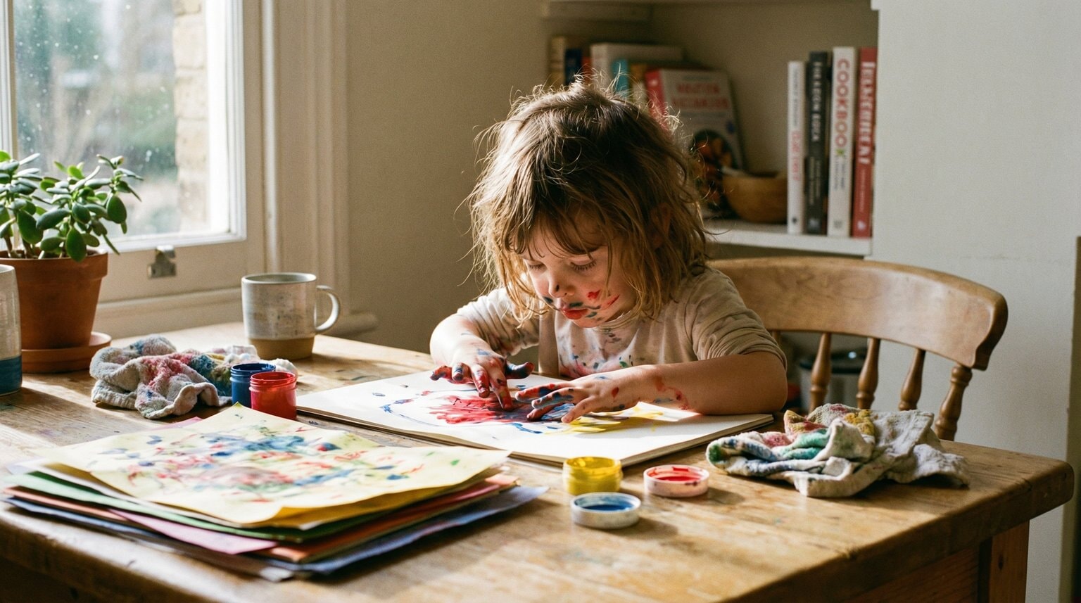 Young child absorbed in finger painting at sunlit kitchen table with colorful artwork spread around