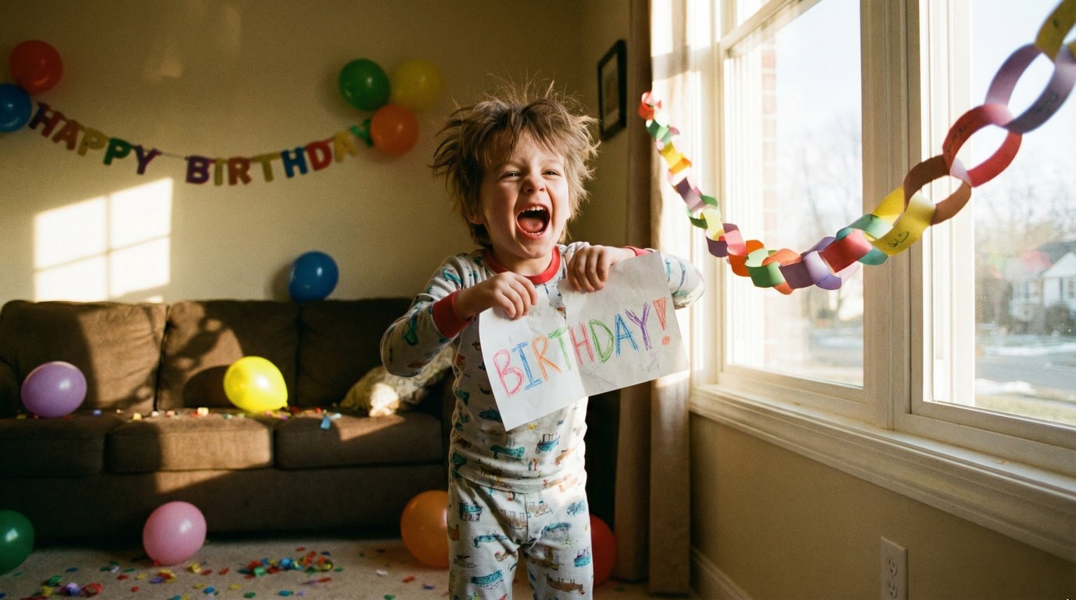Joyful child tearing the last link off paper chain countdown on birthday morning
