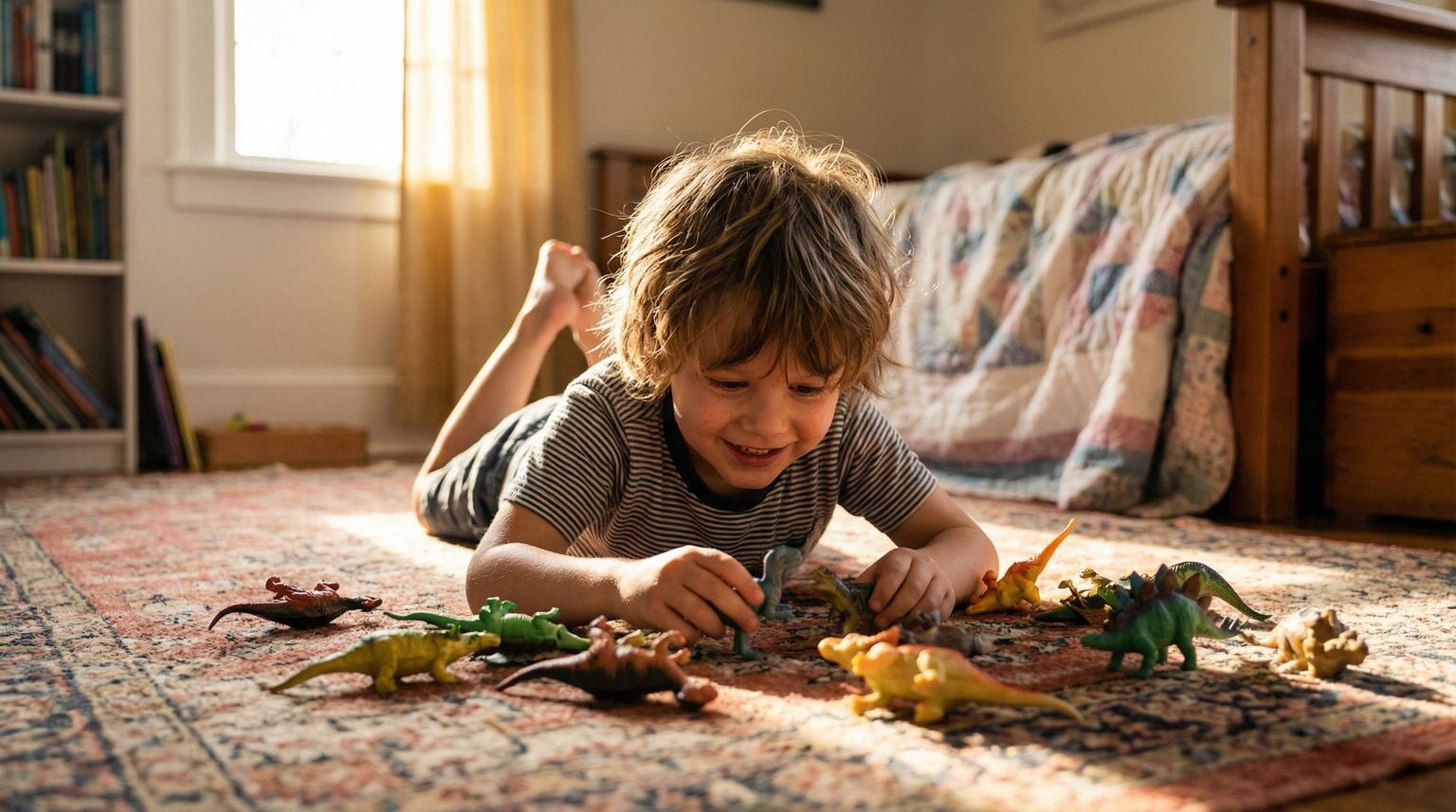 Young child lying on stomach deeply engaged playing with plastic dinosaurs on bedroom rug
