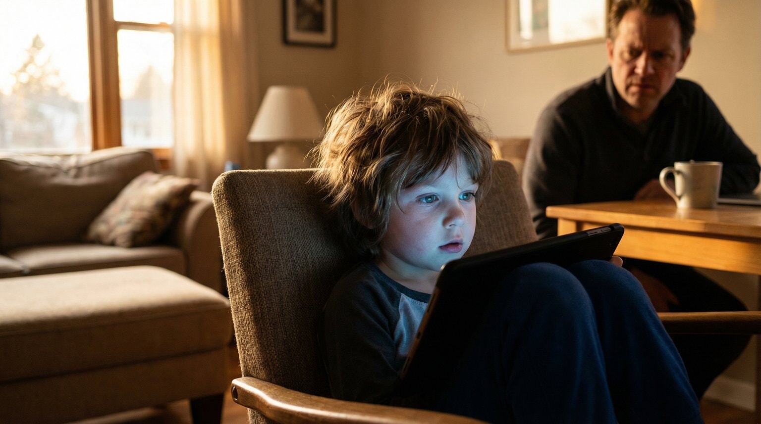 Young child intensely focused on tablet screen with face illuminated by blue glow in cozy living room