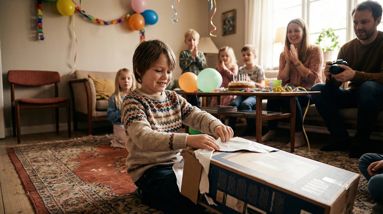 Child at birthday party opening gift with polite but forced smile while others watch in background