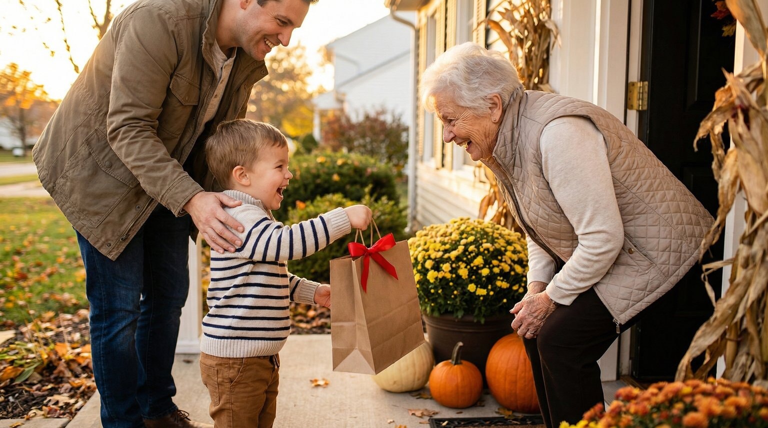 Preschool-age child with huge smile handing wrapped item to elderly neighbor at front door
