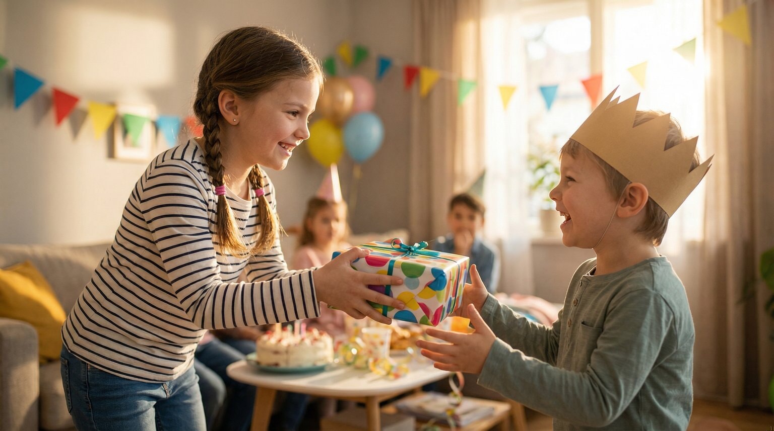 Child happily handing wrapped present to birthday child at party showing active participation