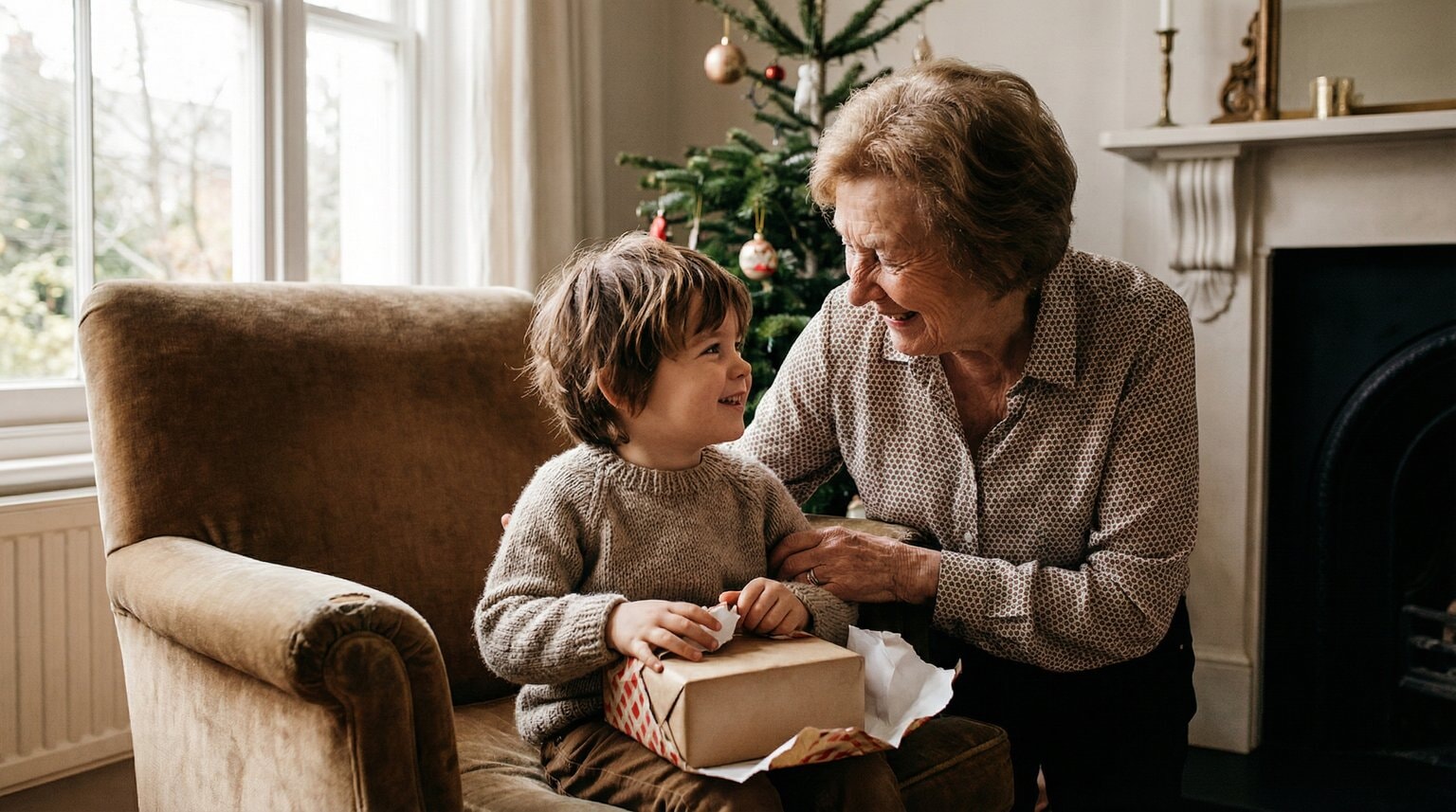 Child opening gift while looking at grandmother's happy face rather than at the gift itself