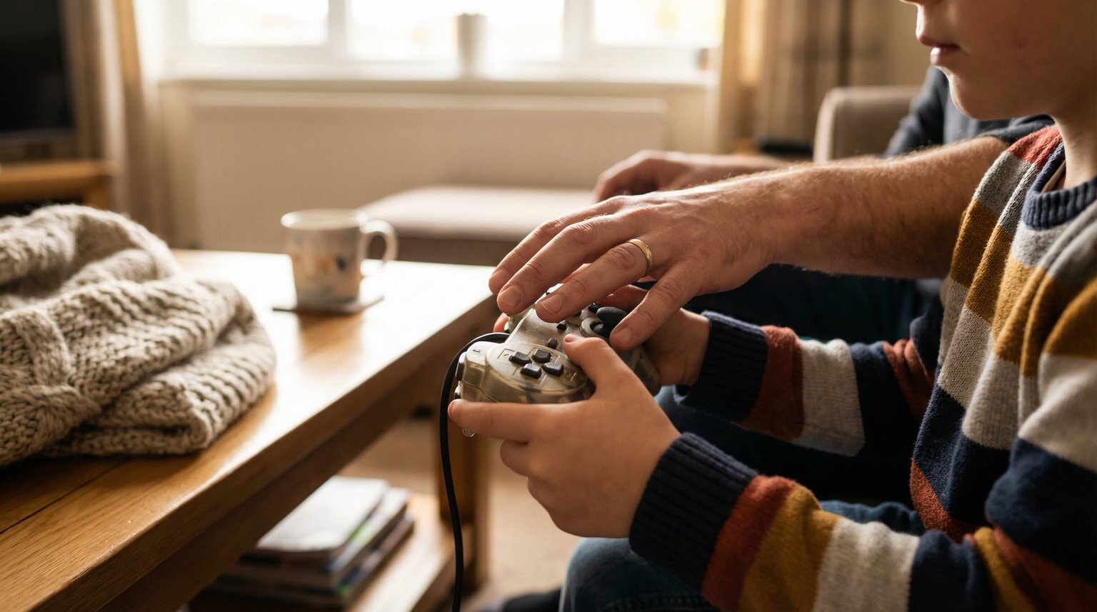 Close-up of child's hands gripping gaming controller with parent's hand resting nearby in gentle boundary-setting moment