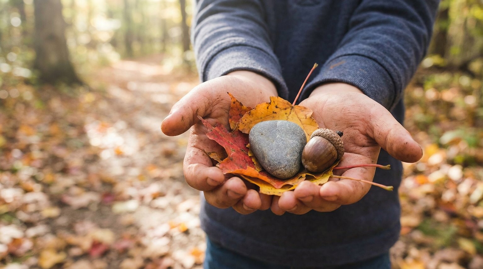 Close-up of small child's hands holding collected autumn leaves, smooth pebble, and acorn on nature trail