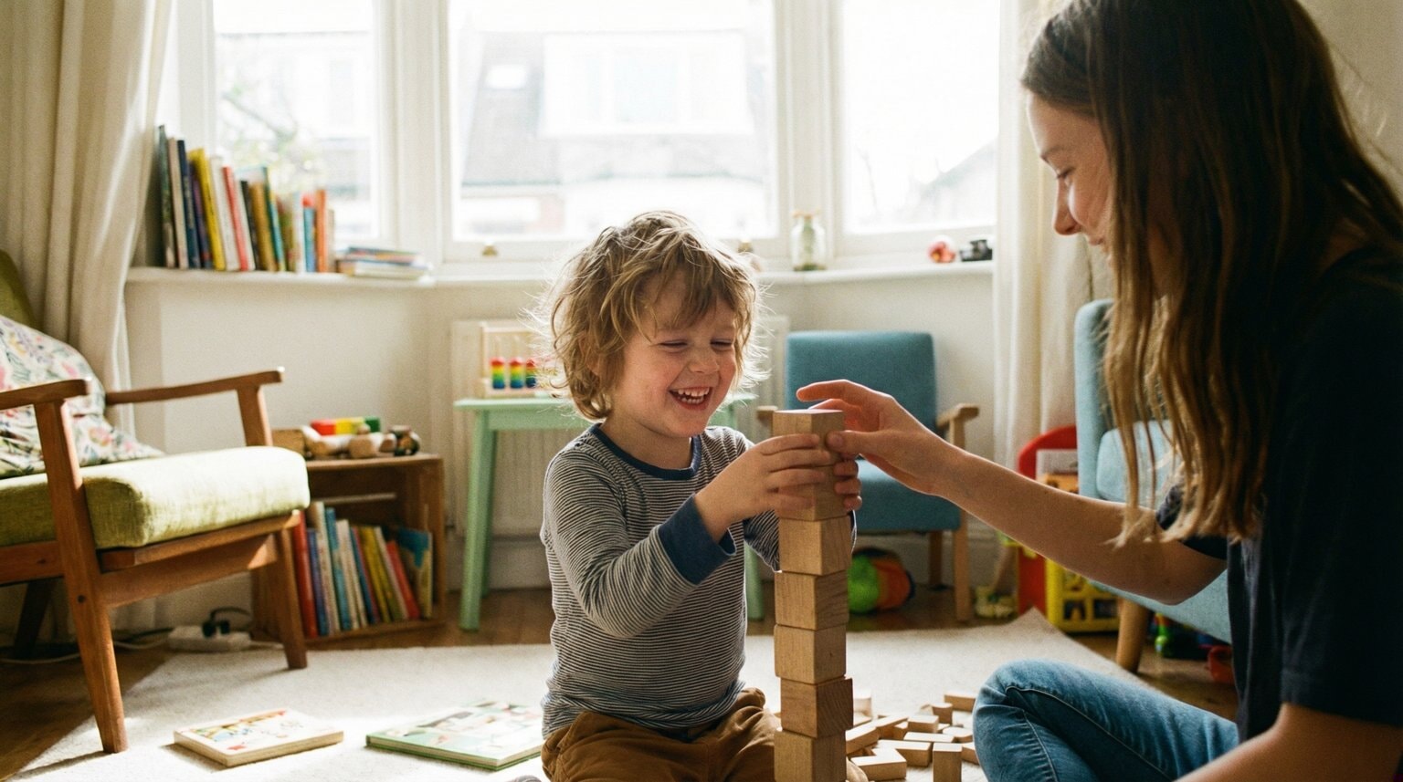 Child genuinely happy and engaged while playing with simple toy in natural window light