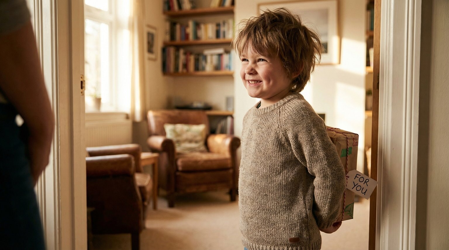 5-year-old with proud smile hiding wrapped gift behind back in doorway