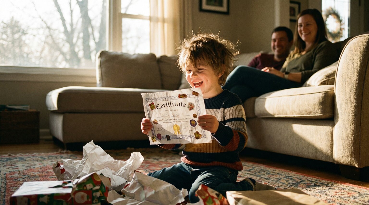 Young child with joyful expression holding printed tickets on living room floor with wrapping paper nearby