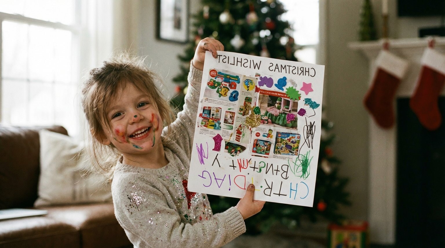 Joyful young child proudly holding up messy handmade wishlist covered in stickers glitter and crooked cutouts