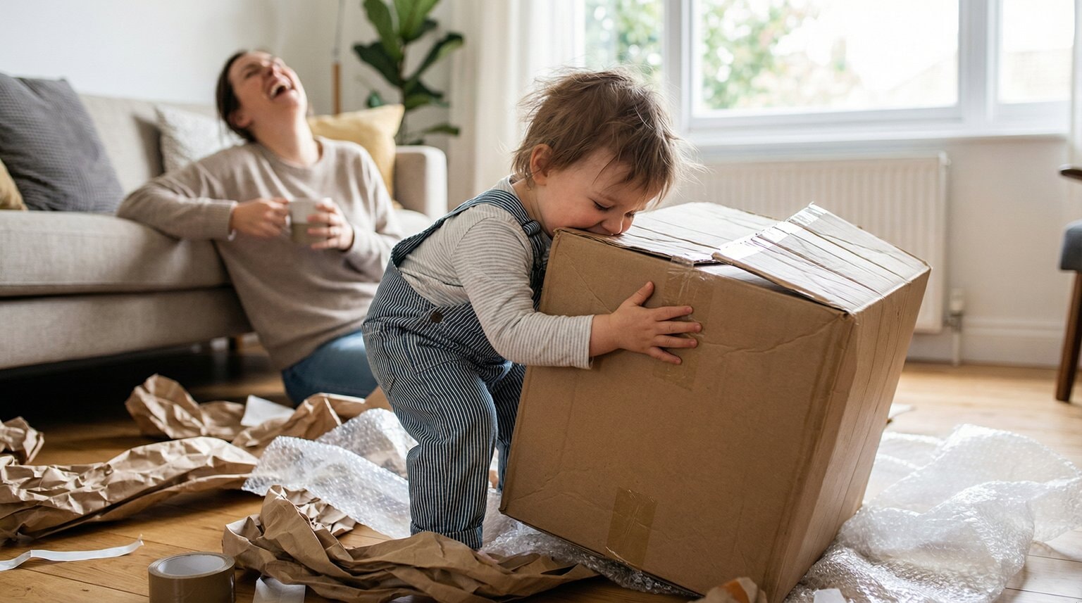 Child dramatically hugging cardboard delivery box with excited expression surrounded by packaging in living room