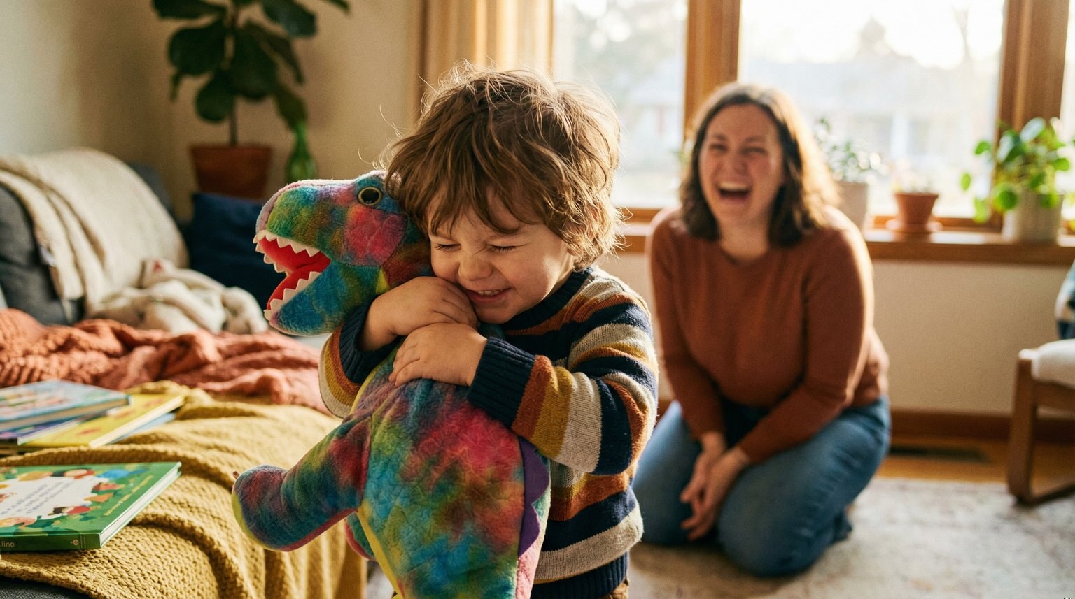 Young child excitedly hugging gift while parent laughs warmly in bright cozy living room
