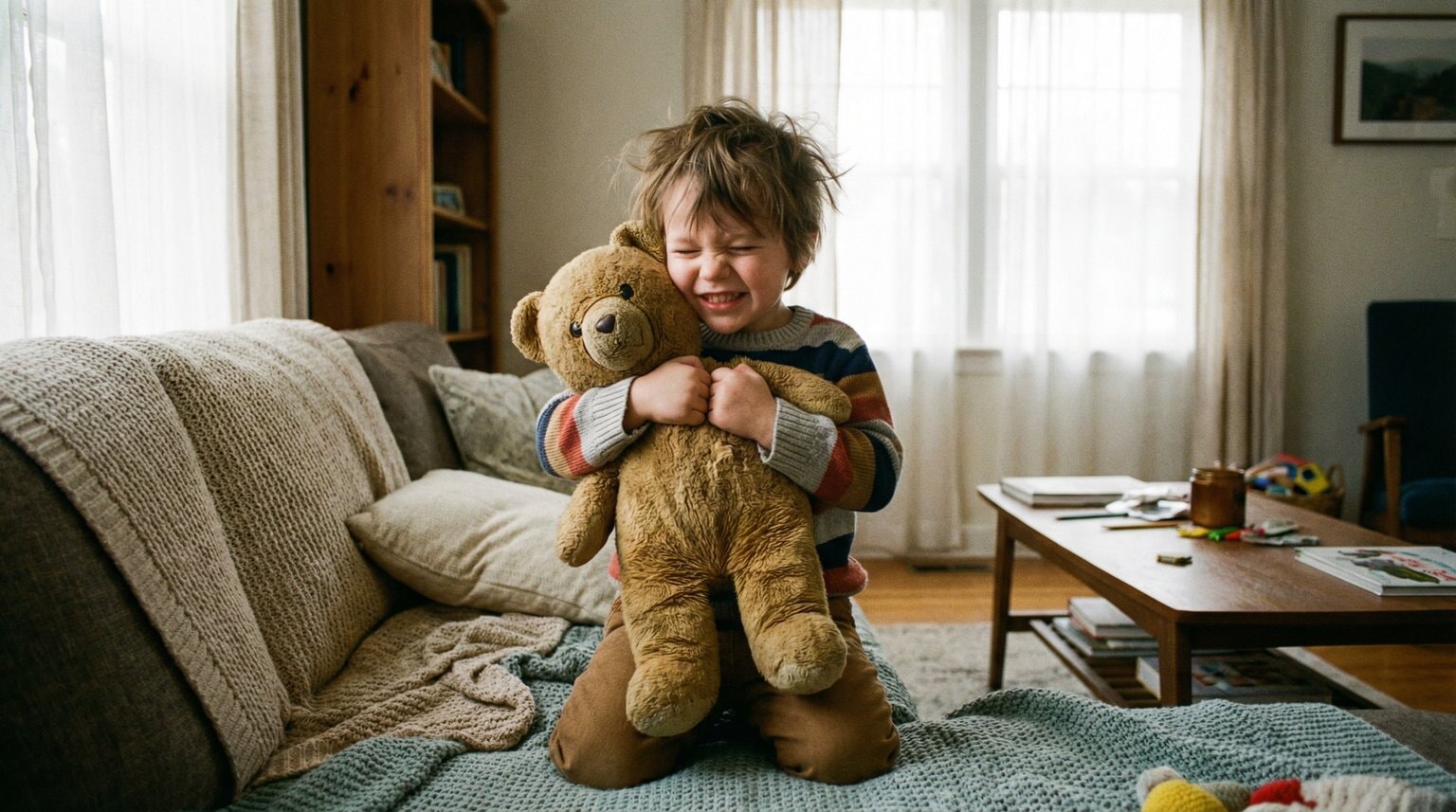 Young child giving a big happy hug to a large stuffed animal in cozy bedroom