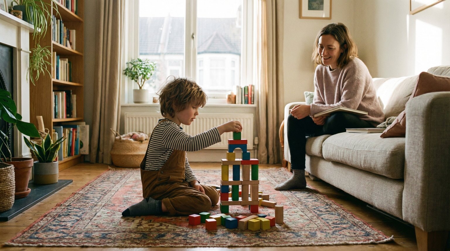 Young child playing independently with building blocks while parent watches from nearby couch