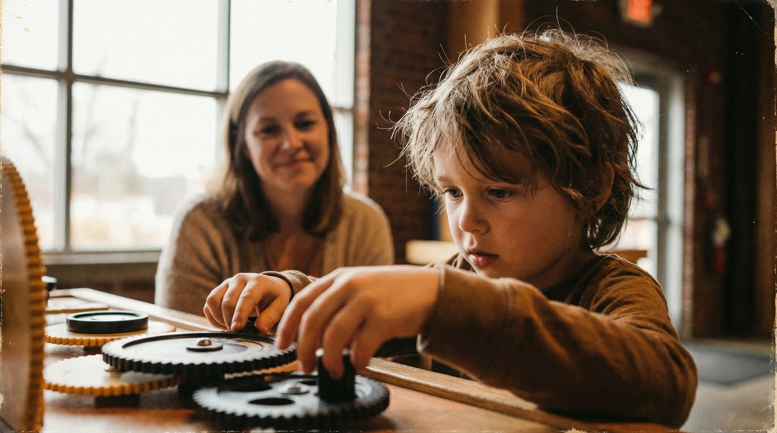 Child at children's museum deeply focused and exploring exhibit independently while parent watches from background