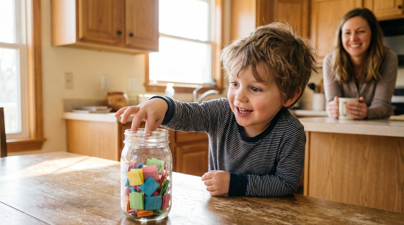 Young child excitedly reaching into mason jar filled with colorful folded paper activity slips
