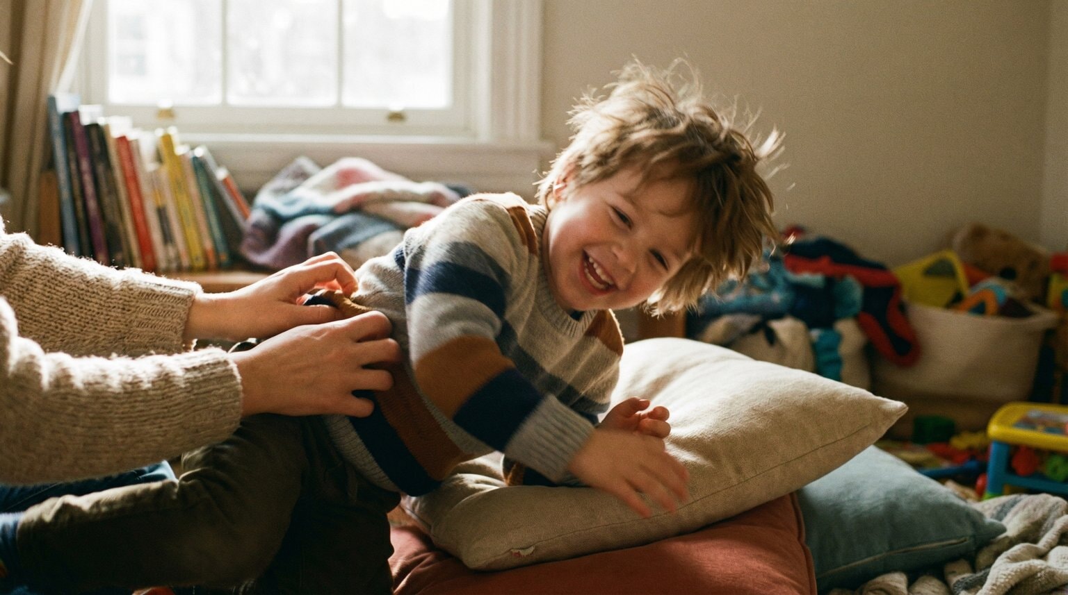 Joyful child laughing during playful moment with parent's hands visible