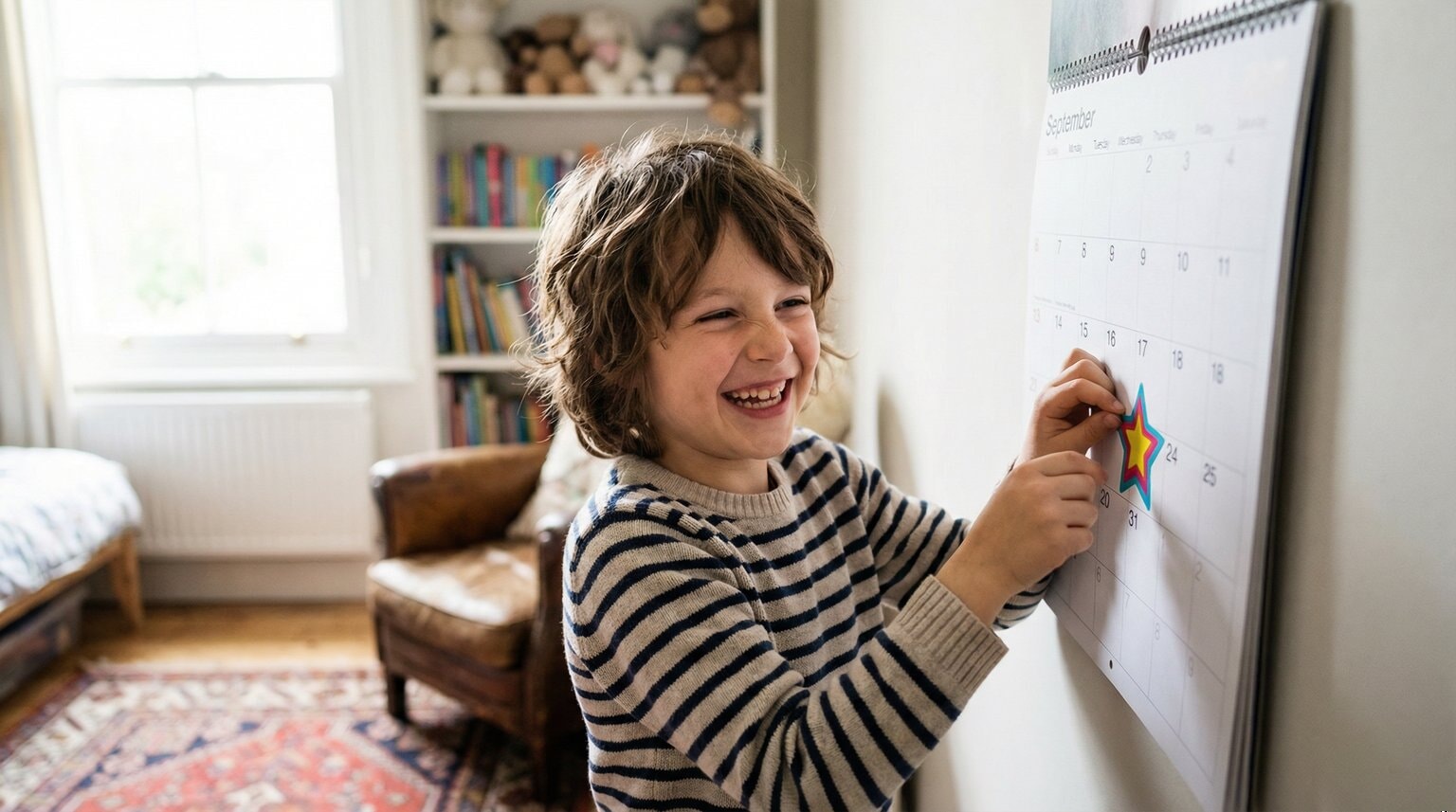 Young child excitedly marking off a day on colorful wall calendar with stickers