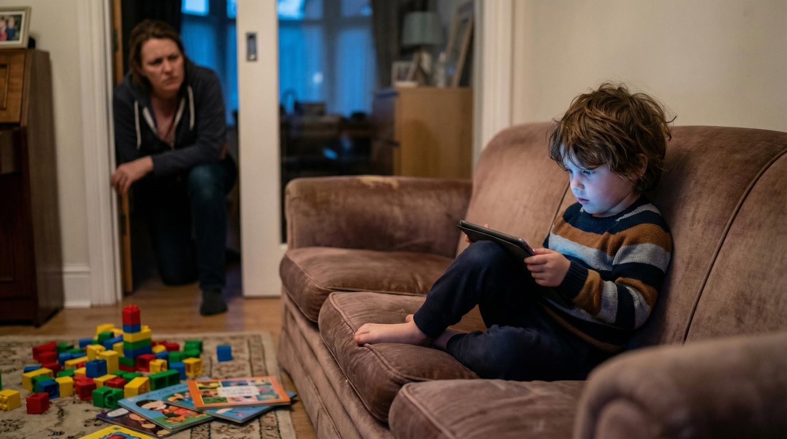 Young child mesmerized by tablet screen glow while parent watches with concern in background