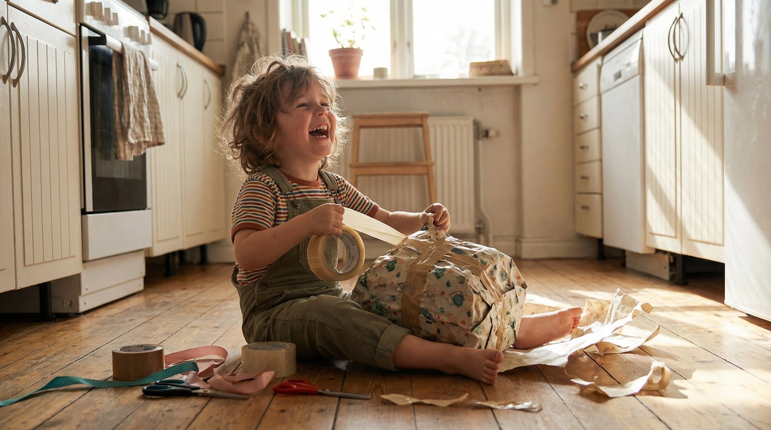Young child laughing while messily wrapping gift with too much tape and crinkled paper
