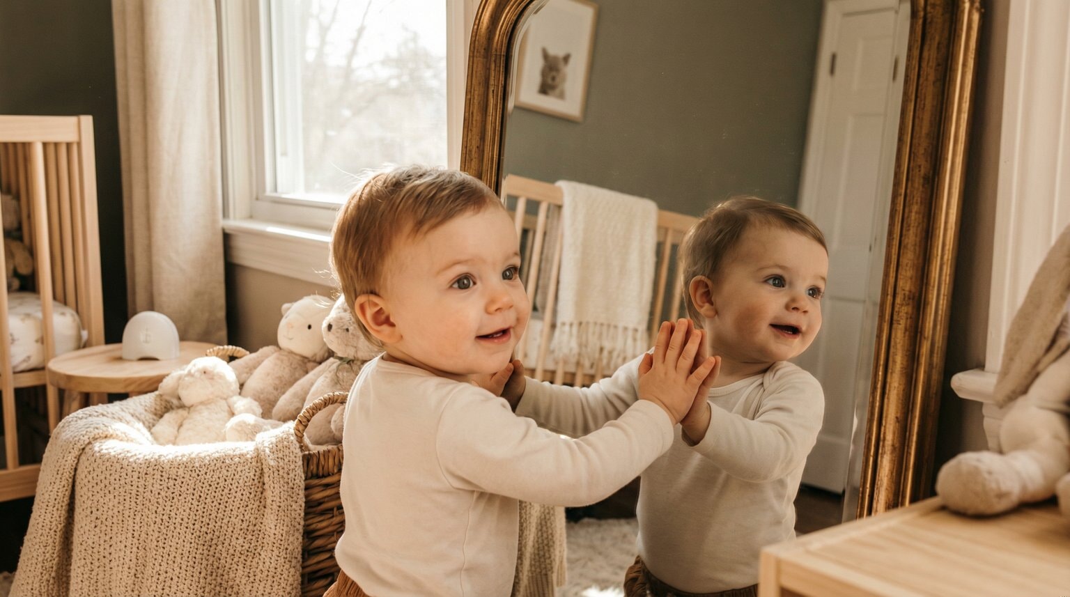 Curious toddler touching mirror while discovering their reflection in soft nursery lighting