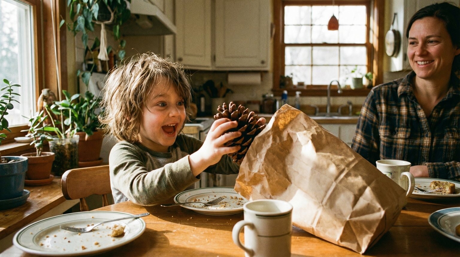Child excitedly opening brown paper mystery bag and pulling out pinecone with wonder