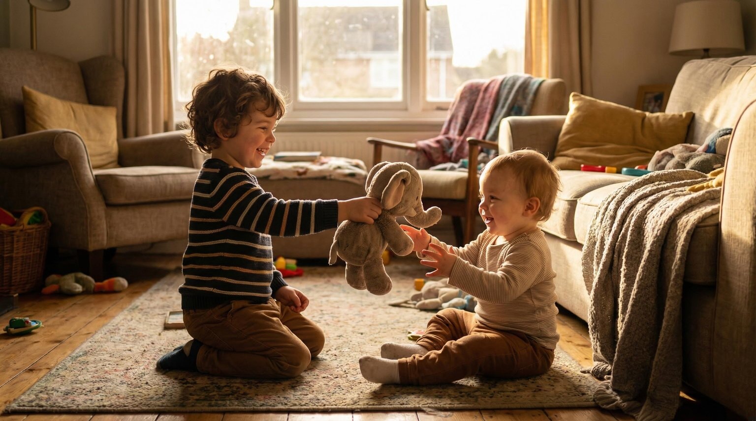 Preschooler genuinely offering toy to younger sibling with both children smiling