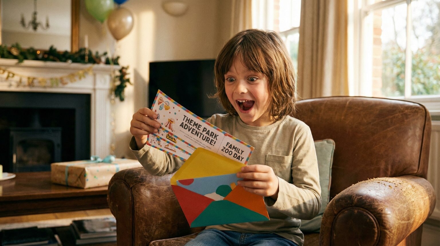 Excited child opening envelope revealing experience tickets with pure joy