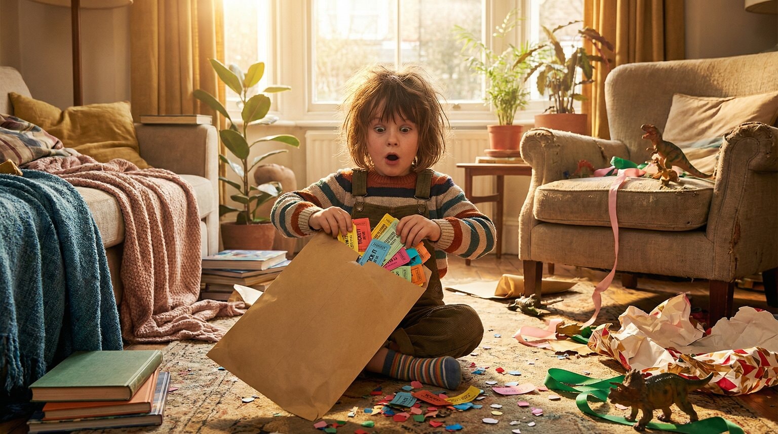 Young child excitedly opening envelope to find colorful tickets inside