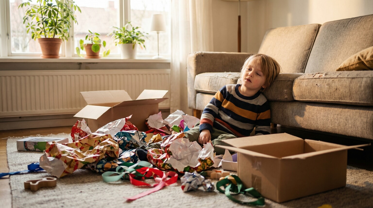 Young child sitting amid scattered opened birthday presents and wrapping paper looking overwhelmed