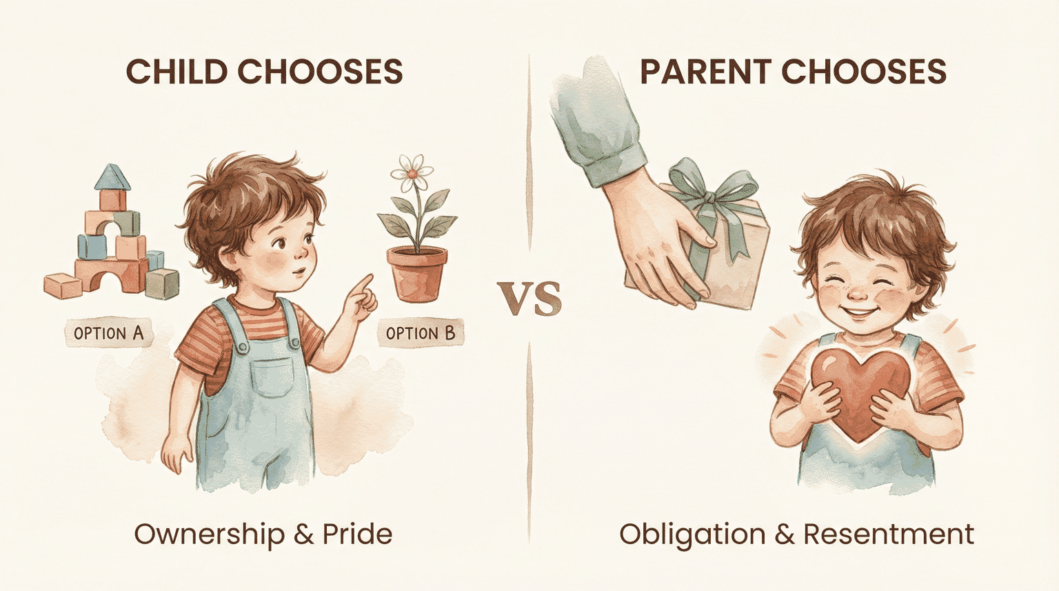 Watercolor illustration comparing child-led giving creating ownership versus parent-directed giving creating obligation