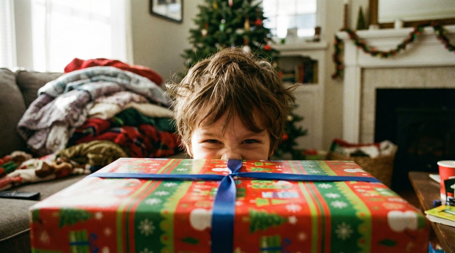 Young child peeking excitedly from behind a wrapped gift box with mischievous grin
