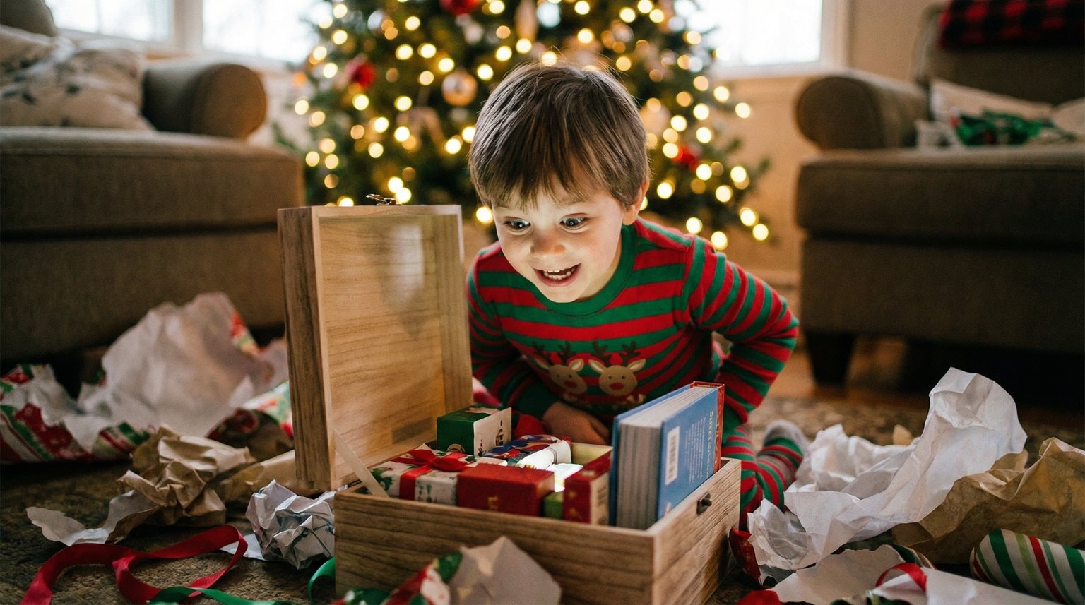 Young child in festive pajamas peeking excitedly into Christmas Eve box with wide eyes