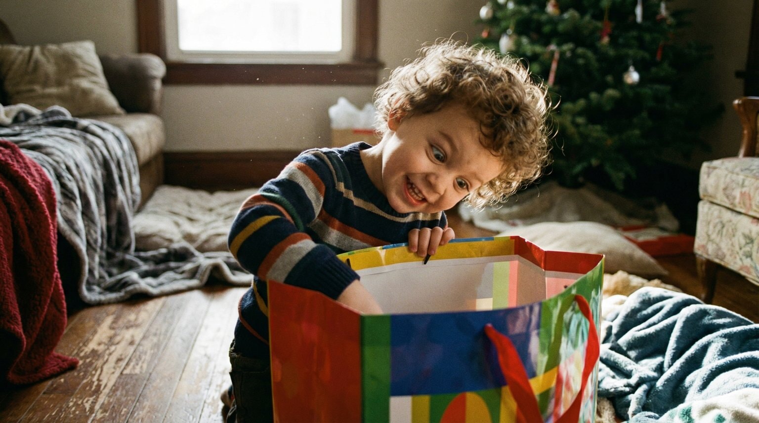 Young child peeking excitedly into gift bag with wide eyes and joyful expression