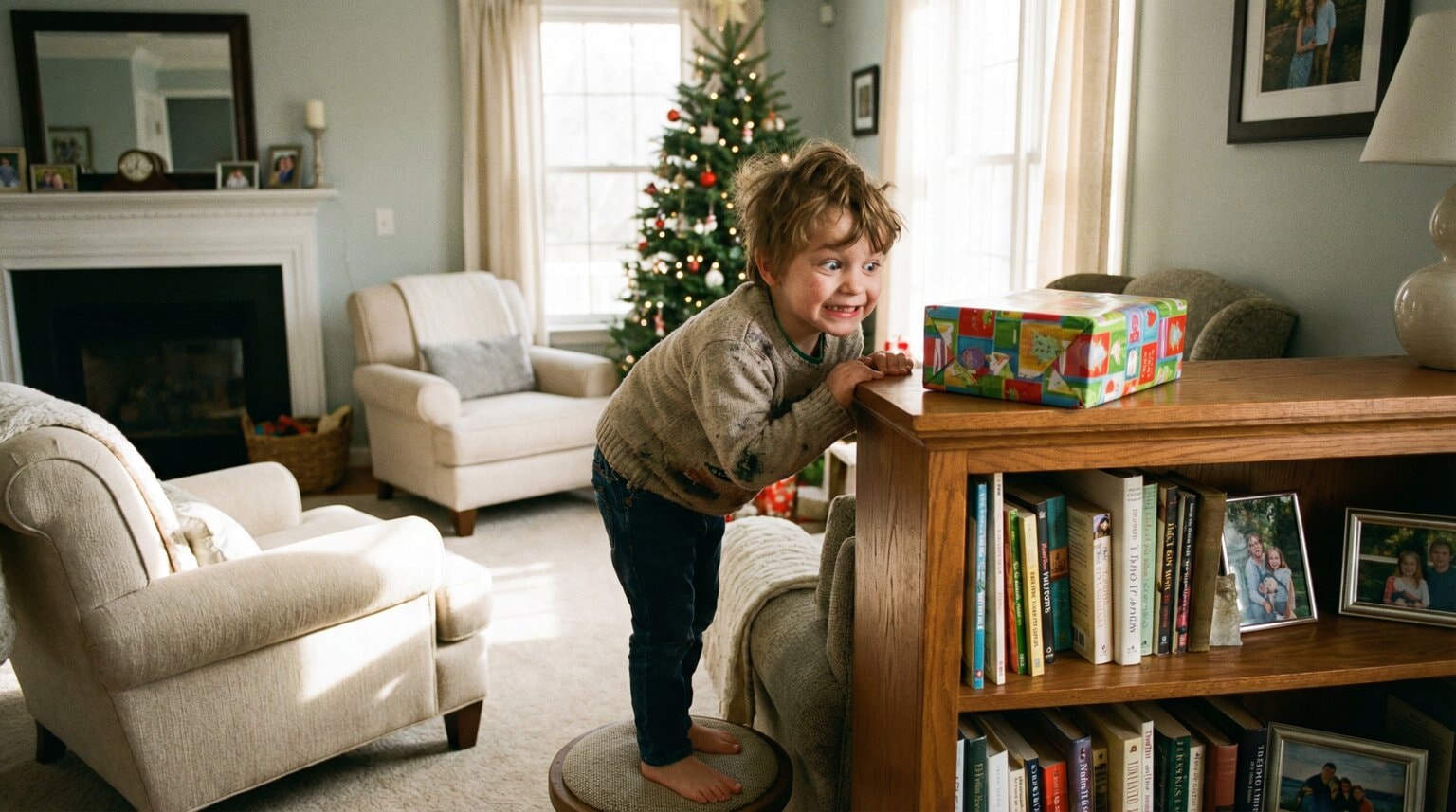 Young child peeking excitedly from behind large wrapped gift box with mischievous expression